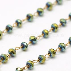 Handgefertigte Perlenketten aus galvanisiertem Glas, gelötet, mit Spule, mit rohen (nicht plattierten) MessingZubehörn, facettierte Rondelle, Preußischblau, 2.5~3 mm, ca. 32.8 Fuß (10m)/Rolle
