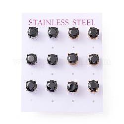 6 paio di orecchini a bottone tondi piatti con zirconi cubici, 304 gioiello in acciaio inossidabile per donna, colore misto, nero, 8mm, ago :0.7mm