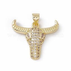 Brass Micro Pave Cubic Zirconia Pendants, OX Head Charm, Lead Free & Cadmium Free, Real 18K Gold Plated, Clear, 20x23x4.5mm, Hole: 3.5x4mm