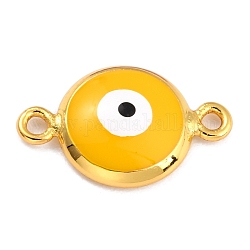 Golden Plated Brass Enamel Links Connectors, Long-Lasting Plated, Flat Round with Evil Eye, Gold, 16x10x3.5mm, Hole: 1.5mm