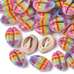 Perles de coquillage cauri naturelles imprimées, pas de trous / non percés, style arc-en-ciel, colorées, 18~21x12~15x7mm