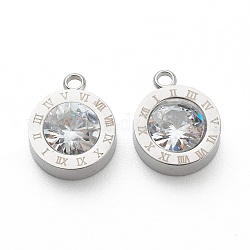 304 Stainless Steel Rhinestone Charms, Flat Round with Roman Numerals, Crystal, Stainless Steel Color, 14x11x4.5mm, Hole: 1.8mm