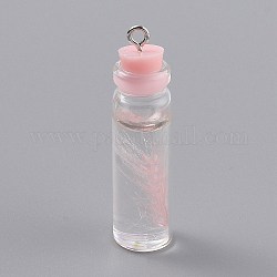 Décorations de pendentif bouteille en verre transparent, avec plume à l'intérieur et bouchon en plastique, rose, 41x11mm, Trou: 2mm