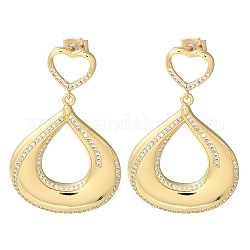 Rack Plating Brass Micro Pave Cubic Zirconia Dangle Stud Earrings, Hollow Heart & Teardrop, Real 16K Gold Plated, 44x28mm