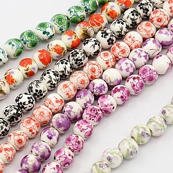 Perles rondes à la main de porcelaine imprimé brins, avec motif de fleurs, couleur mixte, 6mm, Trou: 2mm, Environ 60 pcs/chapelet, 13.58 pouce