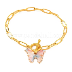 Butterfly Alloy Cellulose Acetate (Resin) Charm Bracelets, with Brass Paperclip Chains and Alloy Toggle Clasps, Golden, PeachPuff, 7-5/8 inch(19.5cm)