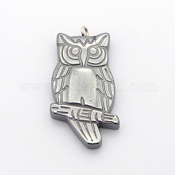 Owl Non-Magnetic Synthetic Hematite Pendants, with Silver Plated Brass Findings, for Halloween, 36x18x4mm, Hole: 2mm