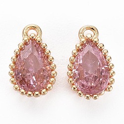 Brass Inlaid Cubic Zirconia Charms, Nickel Free, Long-Lasting Plated, Real 18K Gold Plated, Teardrop, Pink, 8x5x2mm, Hole: 0.8mm
