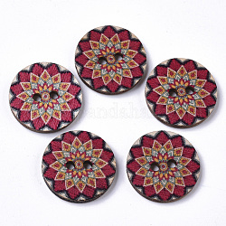 2-Hole Printed Wooden Buttons, Flat Round with Floral Pattern, Undyed, Medium Violet Red, 20x2.5~3mm, Hole: 2mm