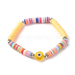 Bracelet extensible fait main en perles heishi en argile polymère, plat rond avec mauvais œil perles au chalumeau bracelet porte-bonheur pour femme, champagne jaune, diamètre intérieur: 2-1/4 pouce (5.7 cm)