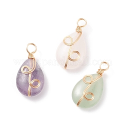 Natural Mixed Stone Pendants, Twisted with Golden Tone Copper Wire, Teardrop, 25x13x7mm, Hole: 3.9mm