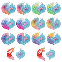 21 Sets 7 Colors Gradient Color Opaque Resin Pendants, with Glitter Powder, Couple Heart Charm with Word LOVE YOU, Mixed Color, 39x38.5x5.5mm, Hole: 3.5mm, 3 sets/color