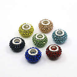 Resin Rhinestone European Beads, Large Hole Beads, with Silver Color Brass Double Cores, Rondelle, Mixed Color, 15x9mm, Hole: 5mm