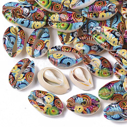 Printed Natural Cowrie Shell Beads, No Hole/Undrilled, with Marine Organism Pattern, Colorful, 18~21x12~15x7mm