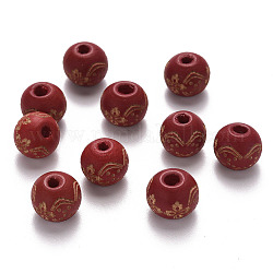 Perles de bois naturel peintes, motif gravé au laser, ronde avec motif de fleurs, firebrick, 10x9mm, Trou: 3mm