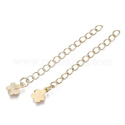 Brass Chain Extender, Cable Chain, Nickel Free, Flower, Real 18K Gold Plated, 56mm, Link: 4x3x0.4mm, Inner Size: 3x2mm, Flower: 8.5x6.5x0.3mm