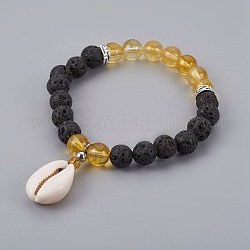 Bracelets stretch breloque coquille cauris, avec cristal de quartz (teint et chauffé) et perles de roche de lave et perles d'espacement en alliage de style tibétain, 2-1/4 pouce (5.6 cm)