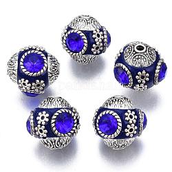 Perles rondes en Indonésie manuelles, avec cabochons de verre et de métal couleur argent doubles noyaux en alliage d'antiquités, bleu minuit, 14~15x15~16mm, Trou: 2mm