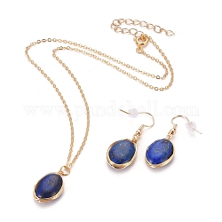 Ensembles de bijoux à pendentif en lapis lazuli naturel, colliers et boucles d'oreilles pendantes en laiton, fermoirs à ressort en laiton anneau, crochets d'oreille et poussoirs d'oreilles en plastique, ovale, or, 15.94 pouce (40.5 cm), 38~39mm