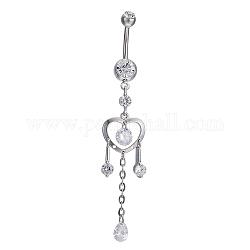Real Platinum Plated Brass Rhinestone Heart and Tassel Navel Ring Belly Rings, Crystal, 75x14mm, Bar Length: 3/8