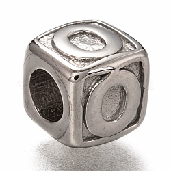 Perles européennes en 304 acier inoxydable, Perles avec un grand trou   , trou horizontal, cube avec la lettre, couleur inoxydable, letter.o, 8x8x8mm, Trou: 4.5mm