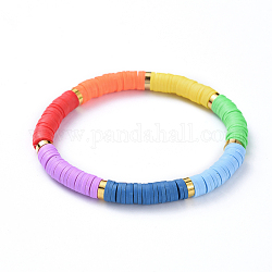 Chakra-Schmuck, handgemachte Polymer Clay heishi Perlen Stretch Armbänder, mit Messing-Abstandshalterkugeln, Mischfarbe, 2-1/8 Zoll (5.4 cm)
