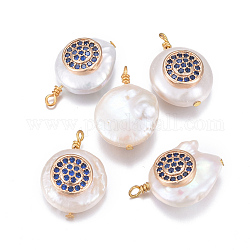 Pendentifs de perles d'eau douce de culture naturelle, avec accessoires zircon cubique micro pave en laiton, pépites avec rond plat, or, bleu foncé, 17~26x11~16x5~11mm, Trou: 1.6~2mm