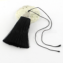 Décorations de pendentif pompon en polyester avec des accessoires en plastique CCB d'argent antique, noir, 80x20x11mm