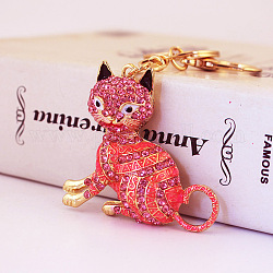 Llavero con colgante de gato sentado con esmalte de rhinestone a la moda, fornituras de aleación, para llavero colgante de bolsa de coche, rojo, 12 cm