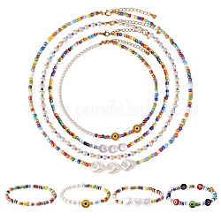 Set di gioielli con semi di vetro e perle naturali in stile 8 pz 8, collane di perline e bracciali elastici con malocchio per le donne, colore misto, 385~520mm, diametro interno: 2 pollice (5.2 cm), 1pc / style