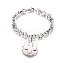 Stainless Steel Bracelets, with Enamel Charms, Round with Cross, Stainless Steel Color, 8-1/4 inch(210mm)