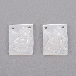 Natural White Shell Mother of Pearl Shell Pendants, Rectangle with Angel, 15.5x11.5x2.5mm, Hole: 1mm