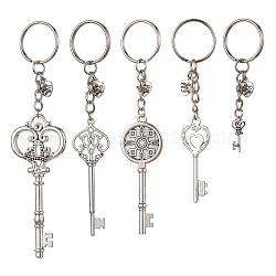 Porte-clés fendus en fer, avec des pendentifs en alliage, Touche et coeur, argent antique, 7.5~13.8 cm