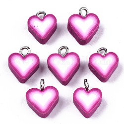 Amuletos de arcilla polimérica hechos a mano, con fornituras de hierro tono platino, corazón, púrpura, 12~13.5x9.5~11x5mm, agujero: 1.8 mm