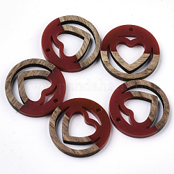 Pendentifs en bois de résine et de noyer, anneau avec coeur, firebrick, 25x3mm, Trou: 1.8mm