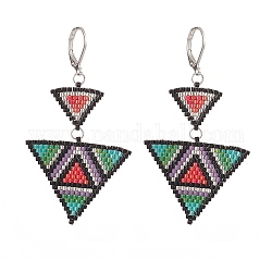 Glass Seed Beaded Triangle Dangle Leverback Earrings, 304 Stainless Steel Long Drop Earrings for Women, Colorful, 61mm, Pin: 0.8mm
