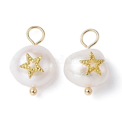 Ciondoli perla naturale, ciondoli di patate con fetta di ottone placcato oro, stella, 16~17x10~11x7~8mm, Foro: 3 mm