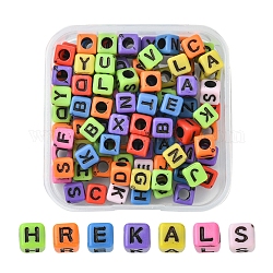Perles en acrylique de style artisanal, cube avec des lettres mélangées aléatoires, couleur mixte, 6x6x6mm, Trou: 3mm, 100 pcs / boîte