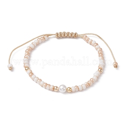 Braccialetti di perline intrecciate con perle rotonde di perle di vetro e conchiglia, braccialetti regolabili in filo di nylon da donna, beige, diametro interno: 1-3/4~3-1/4 pollice (4.68 cm)