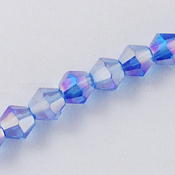 Filo di perline in vetro, ab colore placcato, sfaccettato, bicono, dodger blu, 3x3~3.5mm, Foro: 0.5 mm, circa 125~130pcs/filo, 15.5 pollice