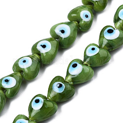 Hechos a mano de mal de ojo lampwork perlas hebras, corazón, verde oliva, 12~12.5x12~13x7.5mm, agujero: 1.2 mm, aproximamente 33 pcs / cadena, 14.76 pulgada (37.5 cm)