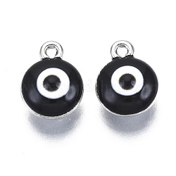 Alloy Pendants, with Enamel, Flat Round with Evil Eye, Black, 12.5x10x7mm, Hole: 1.4mm