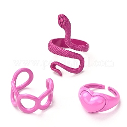 Alloy Rings Suit, Spray Painted, Open Rings, Snake & Twist & Heart, Hot Pink, 3Pcs/Set
