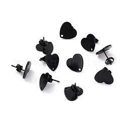 Accessoires de puces d'oreilles en 304 acier inoxydable, avec des poussoirs d'oreilles, cœur, électrophorèse noir, 12x13mm, Trou: 1.5mm, pin: 0.7 mm