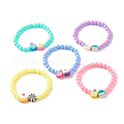 Candy Color Plastic Round Beaded Stretch Bracelet with Food Shape Polymer Clay for Kid, Mixed Color, Inner Diameter: 1-7/8 inch(4.8cm)