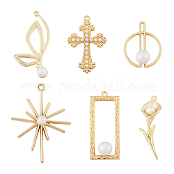 Cheriswelry 12Pcs 6 Style Alloy Pendants, with Acrylic Pearl Beads, Cadmium Free & Lead Free, Mixed Shapes, Light Gold, 27~41x12~31.5x3~8.5mm, 2pcs/style