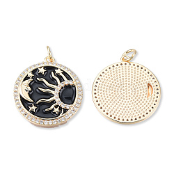 Brass Pave Clear Cubic Zirconia Pendants, with Jump Rings and Enamel, Cadmium Free & Nickel Free & Lead Free, Flat Round with Sun & Moon & Star, Real 18K Gold Plated, 22x20x2.5mm, Jump Ring: 5x1mm, 3mm inner diameter