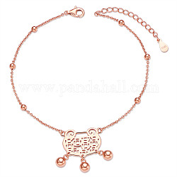 Shegrace 925 bracelets de cheville en argent sterling, avec des chaînes de câbles et des perles rondes, serrure de longévité, or rose, 8-1/4 pouce (21 cm), verrouiller: 18.6x15.5mm