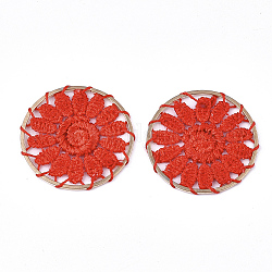 Décorations de pendentif tissées de polyester, avec les accessoires en fer, plat et circulaire avec fleur, or clair, rouge, 33x2mm