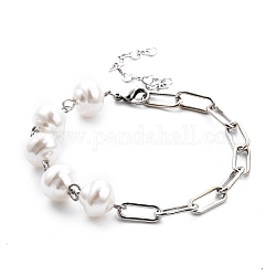 Pulseras de eslabones de perlas de imitación de plástico blanco, con cadenas de clip de hierro y 304 cierres de langosta de acero inoxidable, color acero inoxidable, 8-1/8 pulgada (20.6 cm)